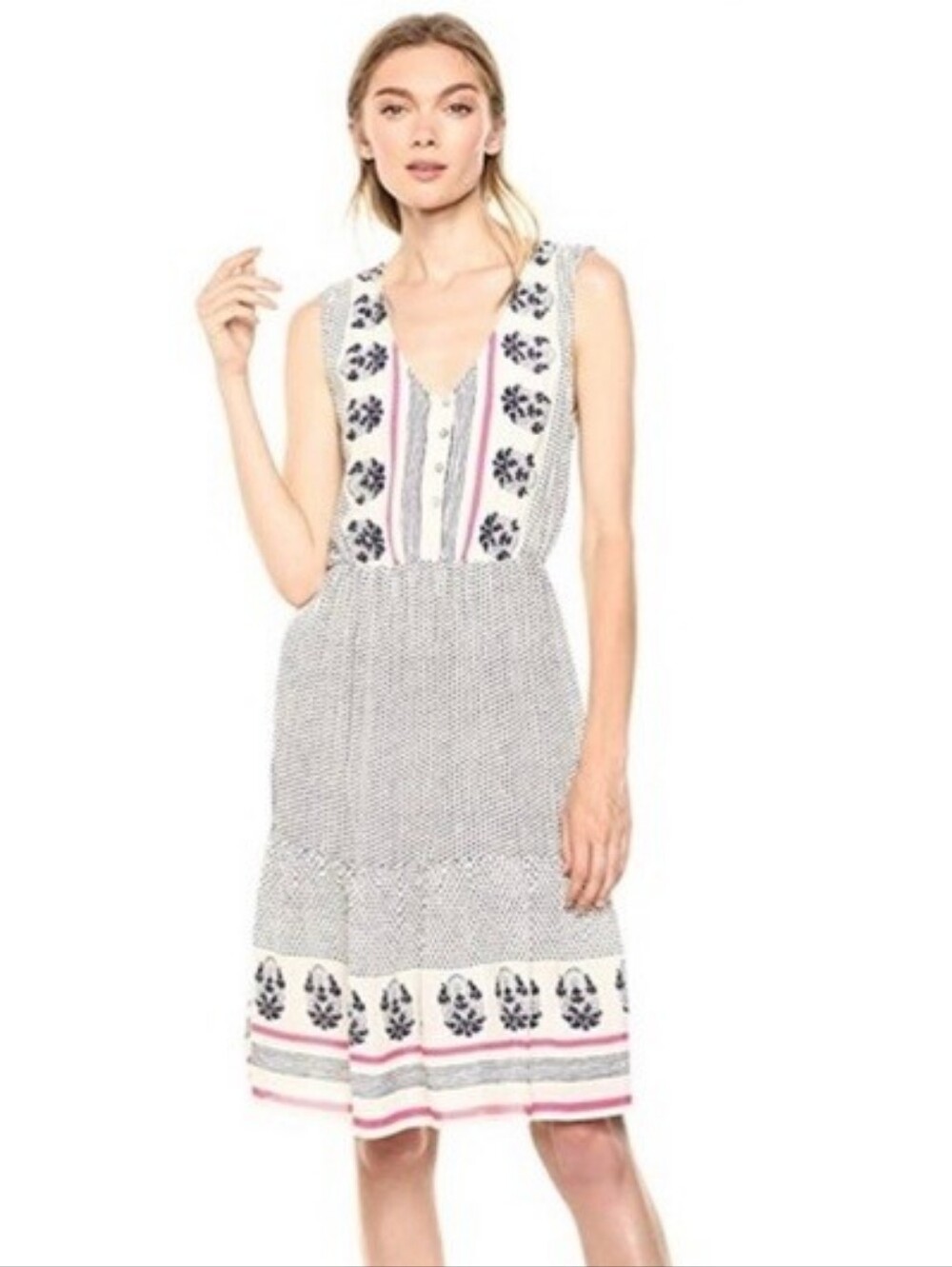 LUCKY BRAND Luna Border Print Navy, White & Pink Sleeveless V-Neck Dress | SZ M